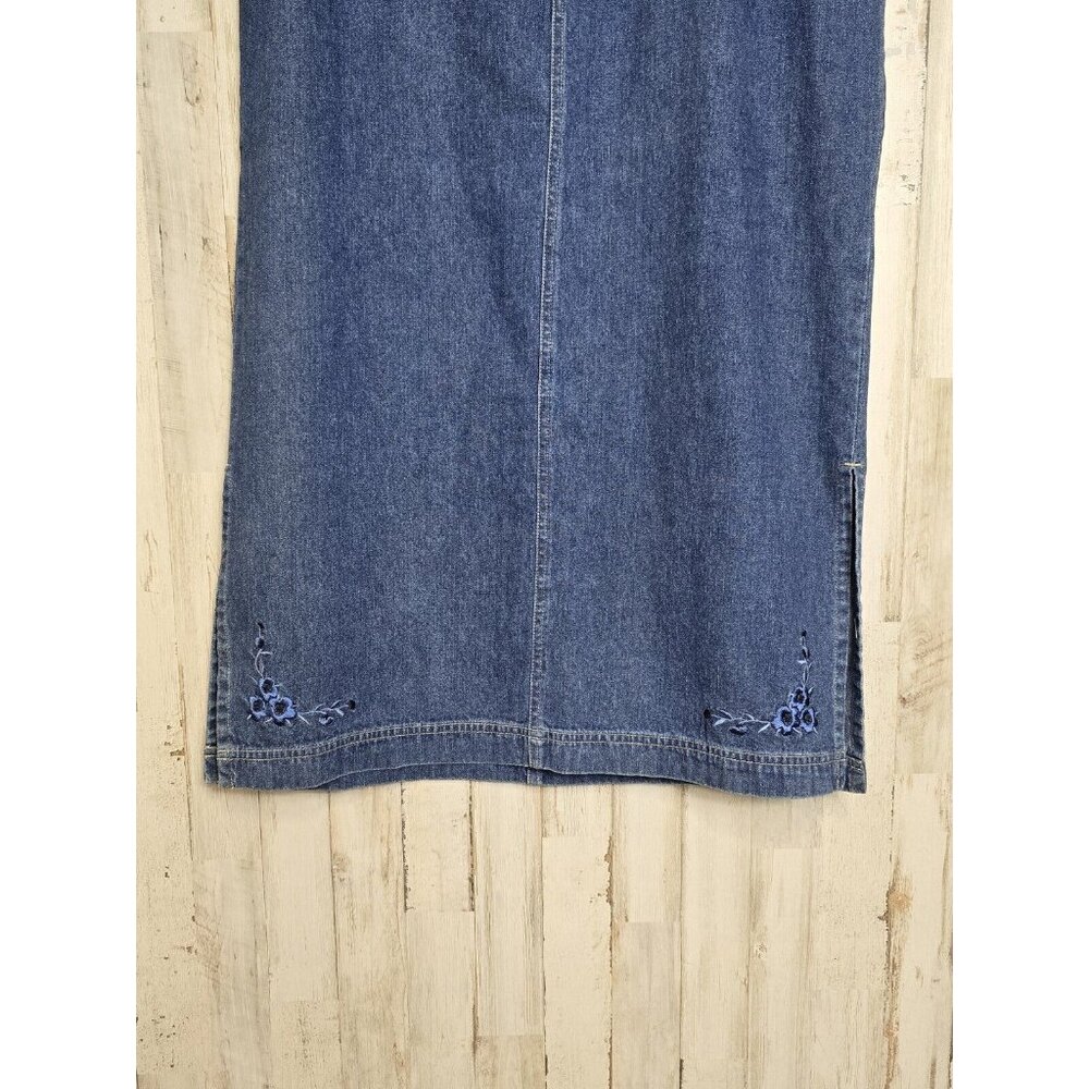 Vintage Y2K Denim Pencil Boho Midi Skirt Size 10 Embroidered - Picture 2 of 8